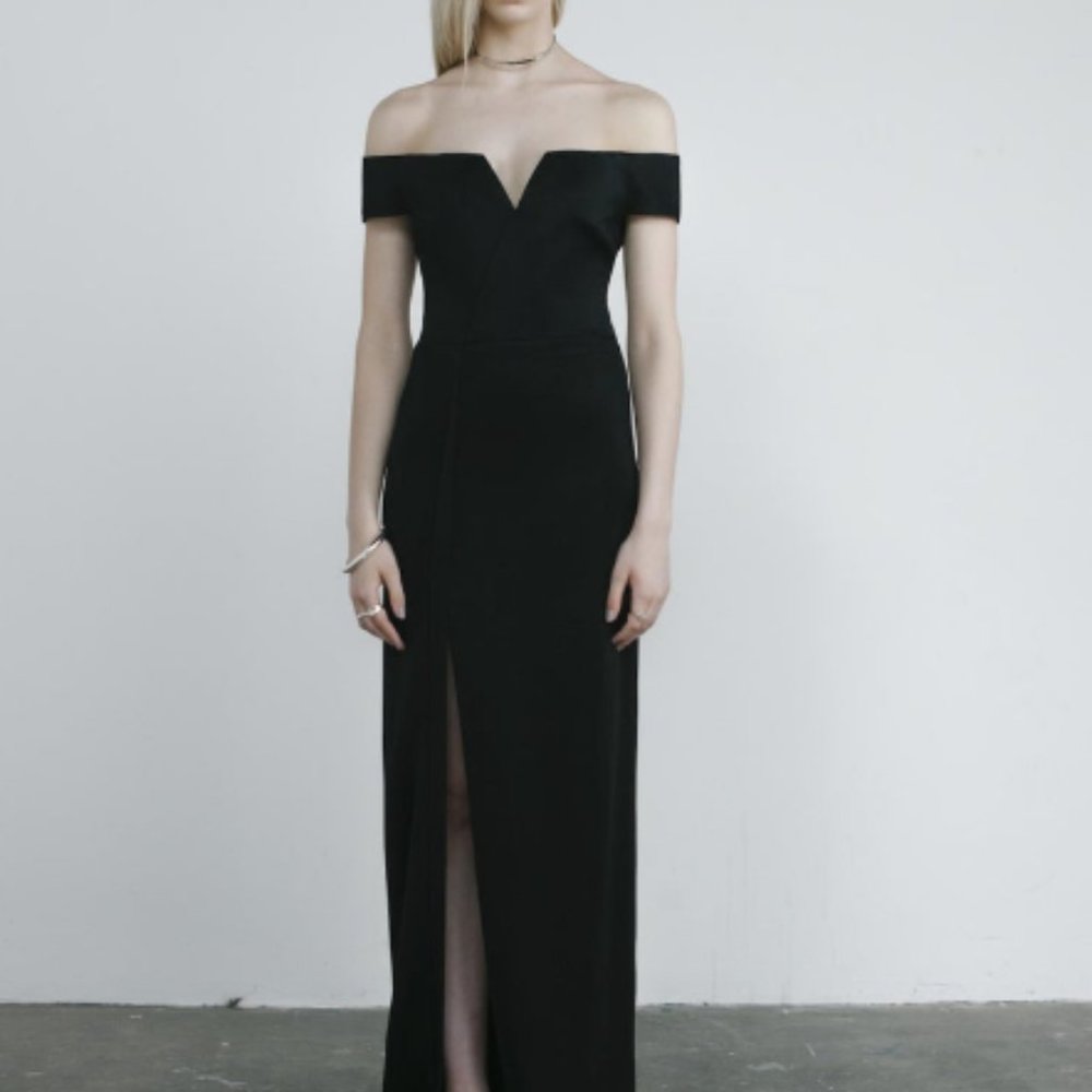 Galvan off shoulder black dress gown